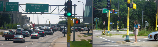 Photos of cars and pedestrians.