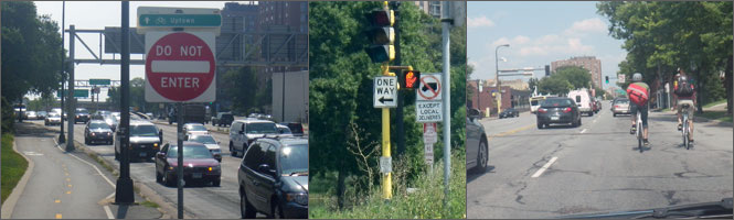 Photos of cars, signs, and bikes.